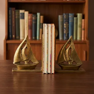 Golden Metal Sailboat Bookends Set of 2 Nautical Boat Decorative Book Ends for <b>Bookshelf</b> Home Office <b>Desk</b> Decor Elegant Vintage - Product Image 5