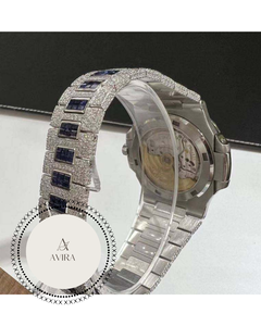Montre mécanique automatique unisexe de luxe à cadran carré, sertie de moissanite VVS, en acier inoxydable glacé avec sertissage baguette en canal - Product Image 5