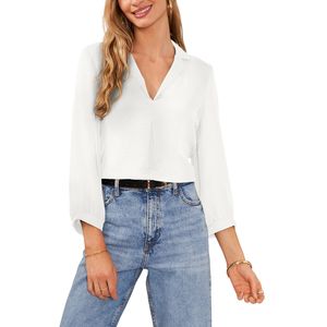 Chemise décontractée pour femme à manches longues et col en V, manches plissées, couleur unie, 100% coton, en mousseline - Product Image 4