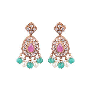 Pendientes de Novia en Forma de Pera con Zafiro Rosa, Diamantes Polki y Esmeralda, en Plata de Ley 925, con Perlas, Estilo Gulabi Glow Gajaah Vibrante - Product Image 1