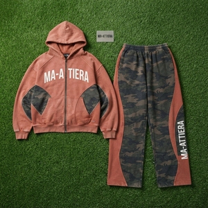 Men Rust Brown <b>Camouflage</b> Zip Up Hoodie <b>Tracksuit</b> Set Loose Fit Contrast Panel Streetwear Custom OEM ODM Wholesale - Product Image 5