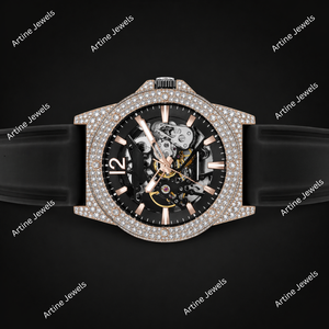 Rose Gold Diamond Skeleton Watch Black Rubber Strap Luxury <b>Automatic</b> Mechanical Timepiece Premium Iced Out <b>Wristwatch</b> Collection - Product Image 3