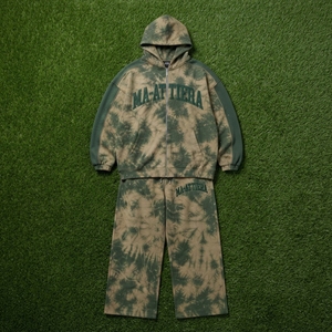Ensemble survêtement streetwear pour homme vert beige tie-dye avec sweat à capuche zippé et pantalon large, panneau clouté, personnalisable OEM ODM - Product Image 6