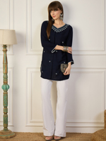 Kurta pour femmes en viscose bleu marine brodée, style indien pakistanais traditionnel, coupe régulière, décontractée, longueur normale, séchage rapide