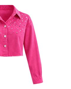 Chaqueta Vaquera Corta Rosa Personalizada para Mujer con Adornos de Pedrería y Botones, Manga Larga, Estilo Casual y a la Moda - Product Image 4