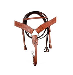 Cabezada, pechopetral y riendas de cuero tópico estilo western con decoración artesanal de ondas y detalles de acero inoxidable, fabricante indio, marca LLT - Product Image 2