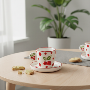 Tasse et soucoupe en porcelaine fine de qualité supérieure 3460984A-0.2 NOUVEAU, motif Poinsettia et points rouges estampés - Product Image 6