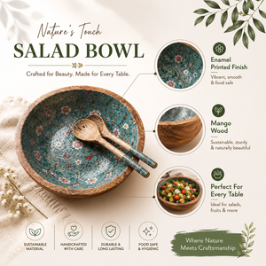 Bol à salade en bois de manguier floral émaillé, fait main, sûr pour les aliments, pour fruits, salades, décoration de table de cuisine et salle à manger - Product Image 5