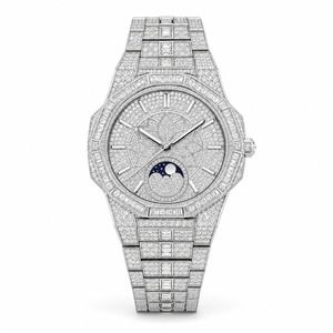 Luxury unisex Octagon Diamond Watch Stainless Steel Case Analog Quartz Movement <b>Moon</b> Phase Display 44mm Deployment Clasp - Product Image 2