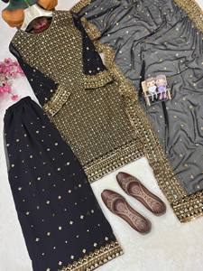 Elegant Beautiful Designer Georgette <b>Kurti</b> Palazzo Dupatta Set Ethnic Wear Latest Ethnic Outfit for Women Wedding or Festivewear - Product Image 3