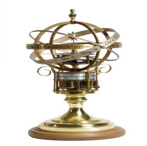 Intricate brass armillary sphere globe on a wooden base with month and zodiac bands, available at wholesale prices. - Product Image 1