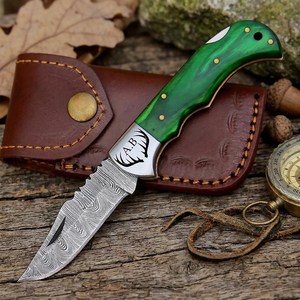Customized Damascus Steel Drop Point Hunting <b>Knife</b> With Green <b>Handle</b> And Engraved Blade For Outdoor Use - Product Image 1