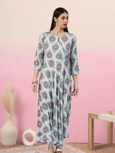 Kurta pour femme en rayonne bleue, imprimé Buta, style Angrakha, avec col en V, manches trois-quarts, vêtement ethnique décontracté de style mondial - Product Image 3