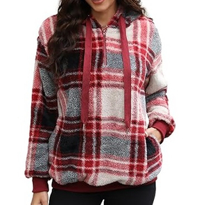 <b>Women's</b> <b>Red</b> Plaid Flannel Sherpa <b>Hoodie</b> Casual Long Sleeve Pullover with Kangaroo Pocket - Product Image 6