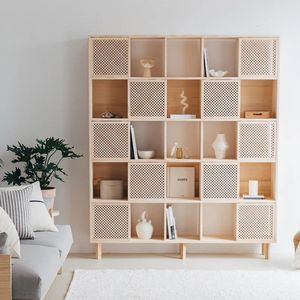 Premium Japandi Teak <b>Wood</b> <b>Bookcase</b> Rattan Webbing Door Cube Display Cabinet - Product Image 1