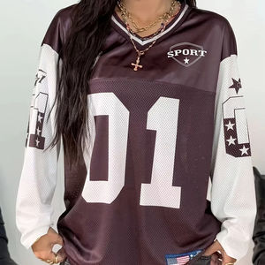 Camiseta vintage de manga larga con cuello en V para mujer, camiseta informal holgada con estampado de números deportivos americanos - Product Image 2