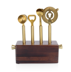 Juego de herramientas de bar con diseño tradicional y acabado dorado, que incluye abridor de botellas y jigger, a un precio económico. - Product Image 6
