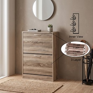Meuble à chaussures moderne 2526 Slim à 2 tiroirs en bois, rangement triple niveau inclinable, organisateur rabattable pour entrée, atelier, salle de sport - Product Image 1