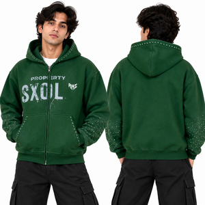 เสื้อฮู้ดดี้ผู้ชายสีเขียวแบบซิป แต่งคริสตัล ไซส์ใหญ่ ผ้าฝ้ายฟลีซ สไตล์สตรีทแฟชั่น หรูหรา ขายส่ง - Product Image 6