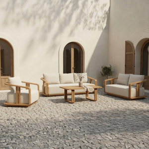 A modern restaurant <b>chair</b> featuring solid teak wood, high-density foam, and durable eco-friendly fabric designed for comfortable - Product Image 4