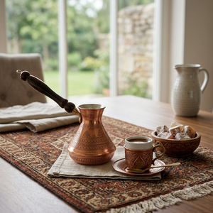 Cafetera Turca Cezve de Cobre Puro con Grabado Vintage, para Estufa, Estilo Griego Briki Ibrik, con Mango de Madera Oscura Brillante - Product Image 3