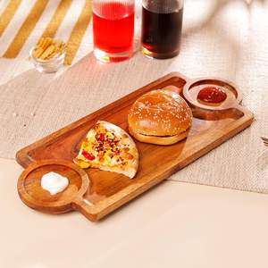 Plateau de service en bois d'acacia avec bols à sauce, planche à collation en bois faite à la main, plateau rustique pour la maison et les cafés, universel pour l'exportation - Product Image 1