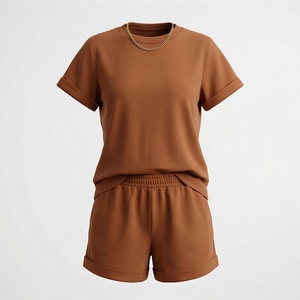 2 Piece High Quality Formal Solid Above Knee Home Wear Suit Short Sleeve T Shirt and Shorts <b>Twin</b> <b>Set</b> for Women - Product Image 1