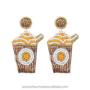 French Fries Seed Bead Drop <b>Funky</b> Food Design Flower Pattern Beaded Jewelry Statement Trendy Party Wear Stylish Fashion Gift - Product Image 3