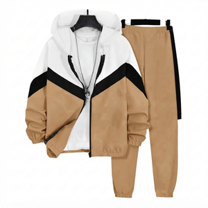 Ensemble de survêtement décontracté deux pièces unisexe marron clair avec sweat à capuche et pantalon de jogging, color block, tenue de sport personnalisée pour homme - Product Image 1