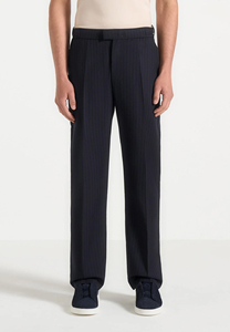 Men's Navy Pinstripe Formal Trousers Straight Leg Midweight <b>Wool</b> Blend Anti-Wrinkle Flat Front Button Closure Autumn Wear - Product Image 3