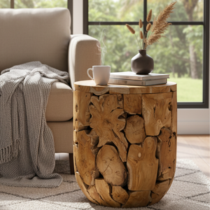 Table basse cylindrique artisanale, motif de grain de bois unique, mobilier intemporel pour la maison, racine de teck rustique, durabilité supérieure, ARTERRA - Product Image 5
