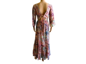 Vestido largo de seda tejida india con estampado geométrico coreano Y2K, cuello en V, corte en A, estilo bohemio, talla única, para primavera, sencillo, dulce y para uso diario. - Product Image 2