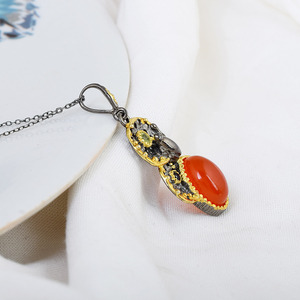 Vintage <b>Solid</b> 925 Sterling Silver Coral <b>Pendant</b> With Peridot And Black Stone 22K <b>Gold</b> Plated Everyday Wear Fine <b>Pendant</b> & Charms - Product Image 2