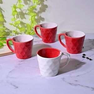 Red & White Diamond-Textured Glazed Ceramic Mug <b>Microwave</b> Safe Casual Oriental and Farmhouse Style <b>Set</b> of 4 - Product Image 5