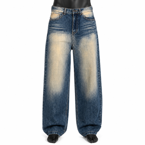 Jeans personnalisés en gros pour hommes, style streetwear hip-hop, à ourlet brut, coupe ample, délavés par le soleil, bleu foncé, jambe large et droite - Product Image 1