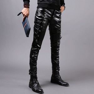 Pantalon en cuir PU noir pour homme, coupe slim, style motard, avec lacets latéraux, rivets, taille élastique, pour l'automne - Product Image 4