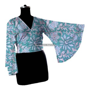 Novedad 2026: Top tipo vestido vintage de algodón hecho a mano con estampado de bloques, con mangas acampanadas y lazo para mujer - Product Image 3