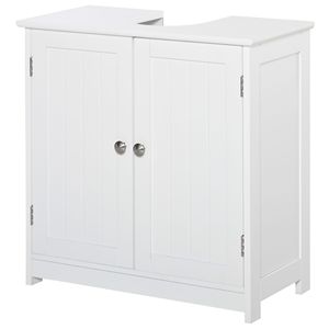 Mobile Lavabo a Colonna in Legno Massello e PVC Bianco con Intaglio a U e Ripiano Regolabile per Hotel e Centri Commerciali - Product Image 1