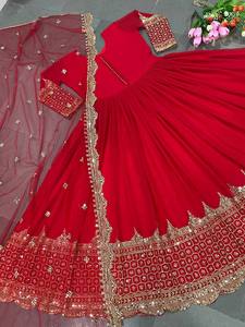 TENNECY Red Faux Georgette Embroidered Reversible <b>Ankle</b>-Length Gown with Dupatta Bottom for Women Regular Fit Party & Diwali - Product Image 6