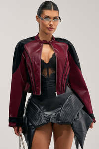 Chaqueta Bomber de Mujer en Cuero Sintético con Bloques de Color, Manga Larga, Cuello Alto, Cierre de Cremallera, Estilo Moto, Moda de Invierno - Product Image 6