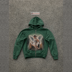 GREEN ANGEL GRAPHIC ZIP HOODIE, Veste polaire décontractée oversize, Vêtement d'automne, Streetwear confortable oversize, 100% polaire personnalisable - Product Image 5