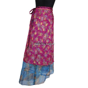 Beach Vintage Sari Silk Long <b>Wrap</b> <b>Skirt</b> Women Wear Vintage Silk Sari Long Length <b>Wrap</b> Around <b>Skirt</b> 2 Layer Reversible Magic 38" - Product Image 6