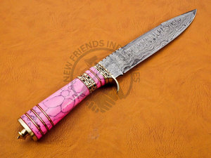 Nouvelle édition personnalisable, couteau de chasse Bowie en acier Damas de 13 pouces, manche en laiton avec pierre rose, lame fixe, couteau de camping, couteau de survie - Product Image 3