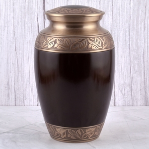<b>Red</b> and Gold Brass Adult Cremation Urn with glossy surface and Leaf Pattern for Human Ashes, Funeral Memorial Urn - Product Image 3