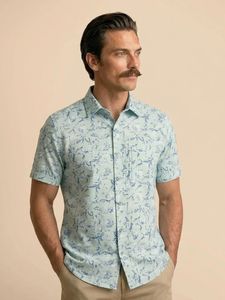 Chemise décontractée à manches courtes pour homme, double boutonnage, imprimé floral bleu clair, col rabattu, respirante, en lin/coton popeline, été - Product Image 2