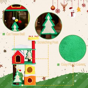 56in Christmas Themed Plush <b>Cat</b> <b>Tree</b> Multi-Level <b>Cat</b> Tower with Top Crown Perch & Sisal Ramp <b>Scratching</b> Posts Large <b>Cat</b> Condos - Product Image 1