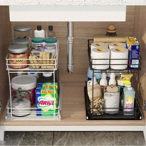 Two-Tier Pull-Out Cabinet Organizer Slidable Sink Cabinet Organizer for Kitchen & Bathroom Kitchen Bathroom Accessory - Product Image 2