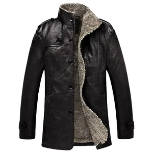 Veste en simili cuir noir vintage pour homme, hiver, doublure en sherpa épaisse, col montant, long manteau - Product Image 1
