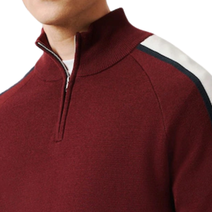Pull en maille respirant à col zippé quart de tour pour homme, en mélange de coton, rayé bordeaux sur les manches, décontracté, élégant et moderne pour le quotidien - Product Image 5