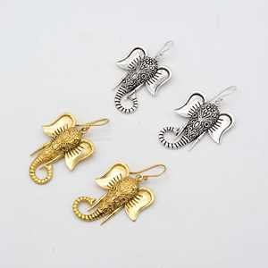 Elephant Head Dangle brass gold and silver Earring, Brass Gold Toned <b>Handcrafted</b> Boho Style, Indian Artisan <b>Jewelry</b>, Unique - Product Image 4